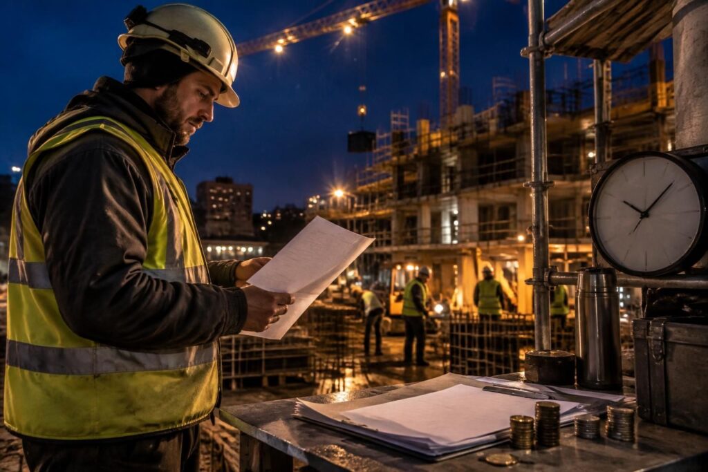 découvrez les règles des heures de nuit dans le bâtiment : plages horaires, majorations de salaire et modalités de paiement prévues par la convention collective.